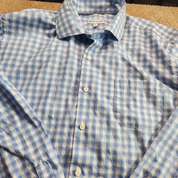 Peter Millar Light Blue and White Plaid Casuel Shirt Size L - Picture 6 of 13